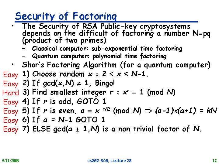  • Security of Factoring • Easy Hard Easy 5/11/2009 The Security of RSA