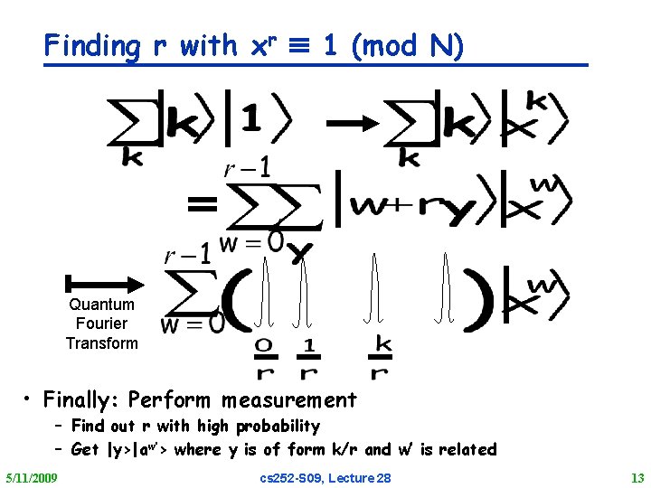 Finding r with xr 1 (mod N) Quantum Fourier Transform • Finally: Perform measurement