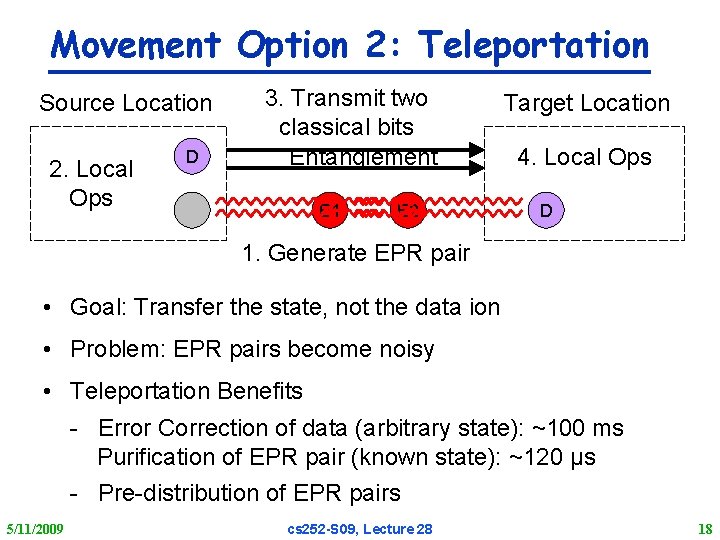 Movement Option 2: Teleportation Source Location 2. Local Ops D 3. Transmit two classical