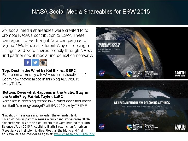 NASA Social Media Shareables for ESW 2015 Six social media shareables were created to