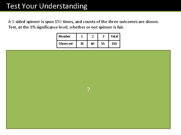 Test Your Understanding A 3 -sided spinner is spun 150 times, and counts of