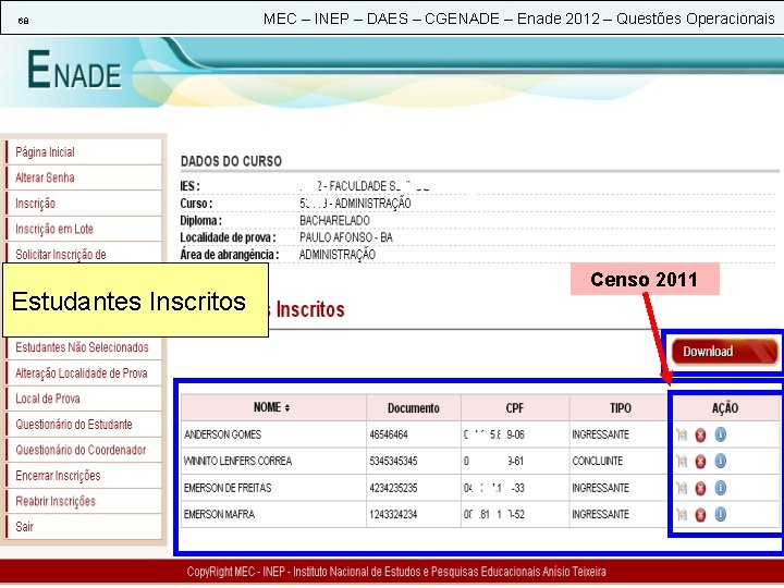 68 Estudantes Inscritos MEC – INEP – DAES – CGENADE – Enade 2012 –