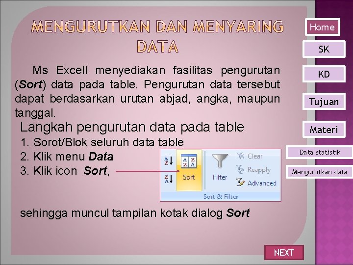 Home SK Ms Excell menyediakan fasilitas pengurutan (Sort) data pada table. Pengurutan data tersebut