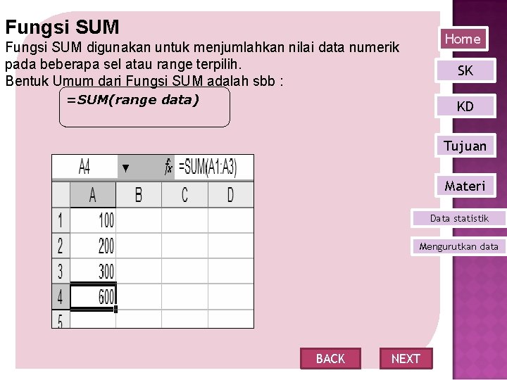 Fungsi SUM Home Fungsi SUM digunakan untuk menjumlahkan nilai data numerik pada beberapa sel