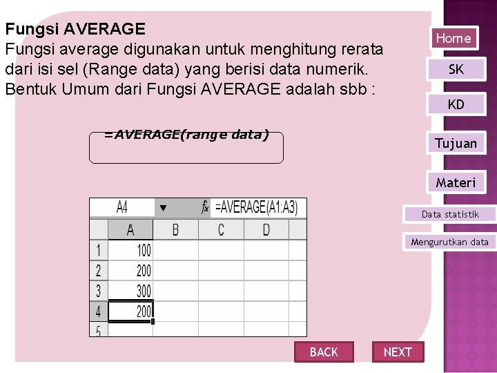 Fungsi AVERAGE Fungsi average digunakan untuk menghitung rerata dari isi sel (Range data) yang