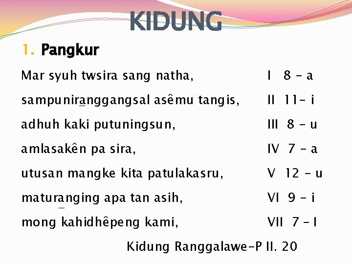 1. Pangkur KIDUNG Mar syuh twsira sang natha, I 8 -a sampuniranggangsal asêmu tangis,