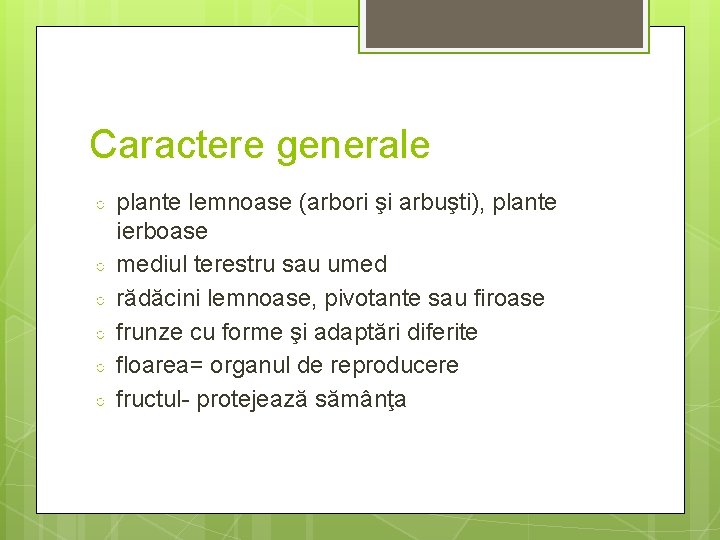 Caractere generale ○ ○ ○ plante lemnoase (arbori şi arbuşti), plante ierboase mediul terestru