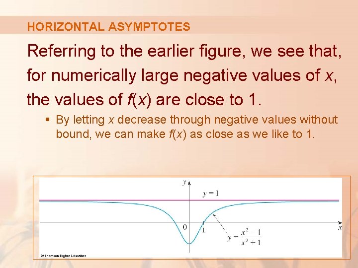HORIZONTAL ASYMPTOTES Referring to the earlier figure, we see that, for numerically large negative