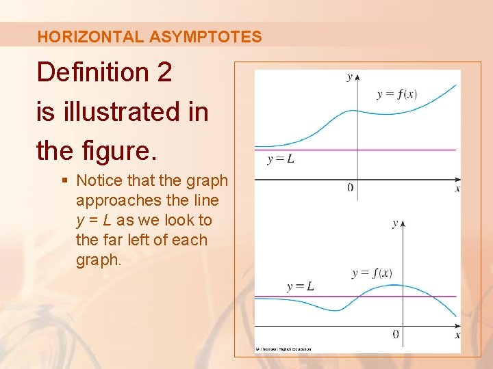 HORIZONTAL ASYMPTOTES Definition 2 is illustrated in the figure. § Notice that the graph