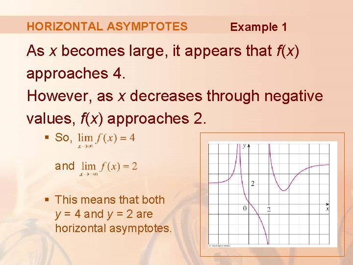 HORIZONTAL ASYMPTOTES Example 1 As x becomes large, it appears that f(x) approaches 4.