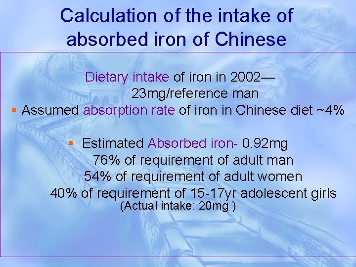 Calculation of the intake of absorbed iron of Chinese Dietary intake of iron in