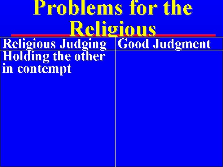 Problems for the Religious Judging Good Judgment Holding the other in contempt 