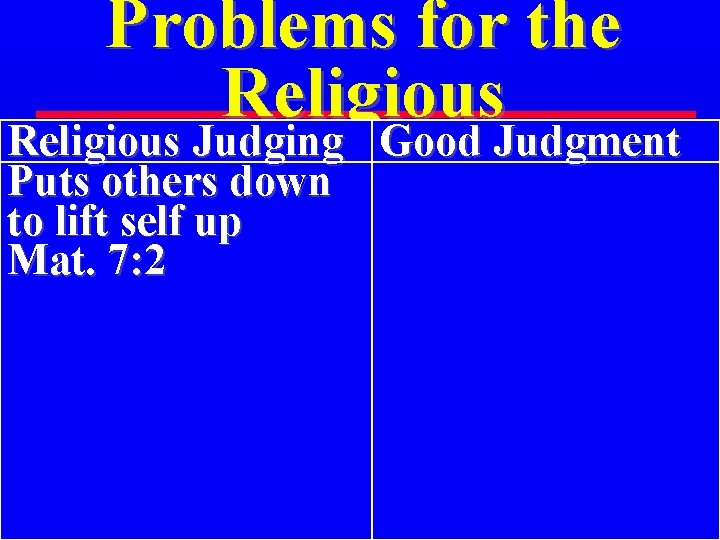 Problems for the Religious Judging Good Judgment Puts others down to lift self up