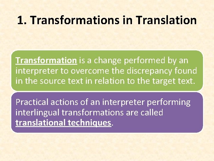 1. Transformations in Translation Transformation is a change performed by an interpreter to overcome