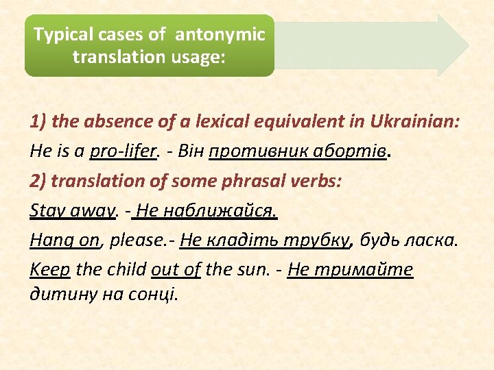 Typical cases of antonymic translation usage: 1) the absence of a lexical equivalent in