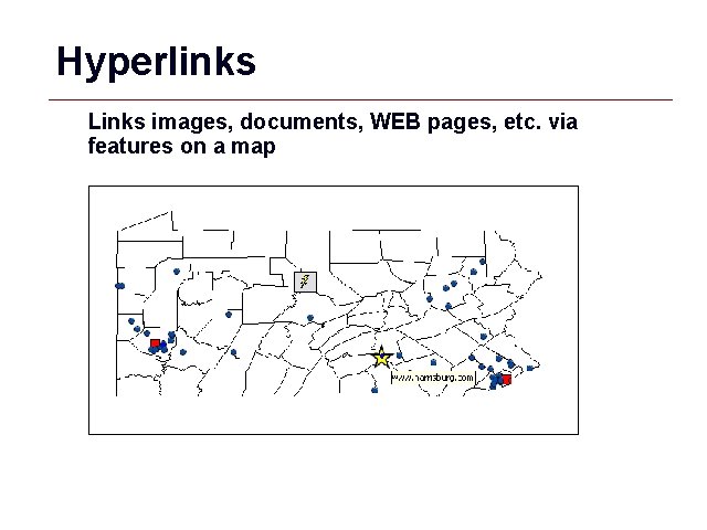 Hyperlinks Links images, documents, WEB pages, etc. via features on a map GIS 73