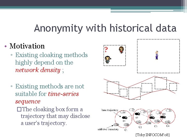 Anonymity with historical data • Motivation ▫ Existing cloaking methods highly depend on the