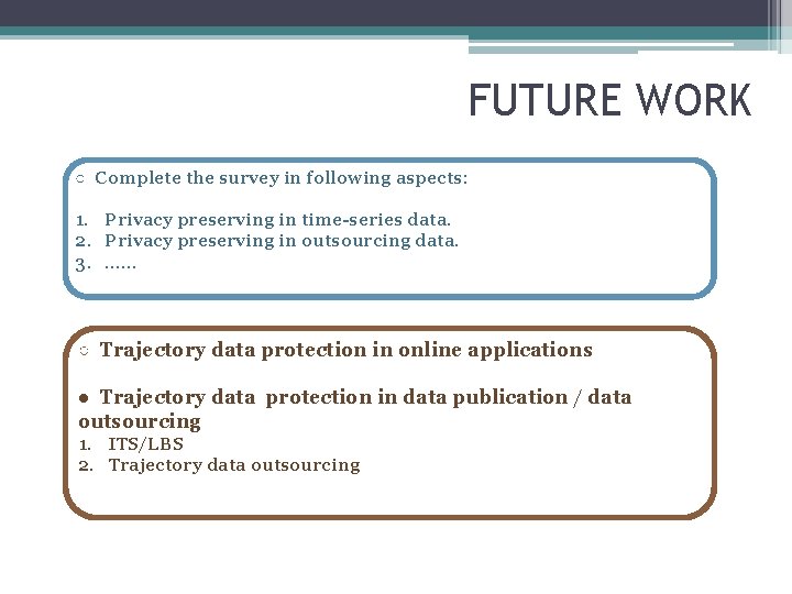 FUTURE WORK ○ Complete the survey in following aspects: 1. Privacy preserving in time-series