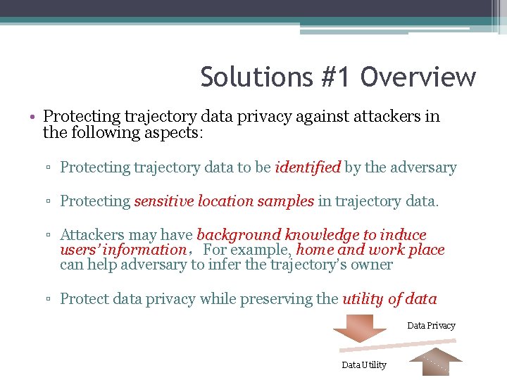 Solutions #1 Overview • Protecting trajectory data privacy against attackers in the following aspects: