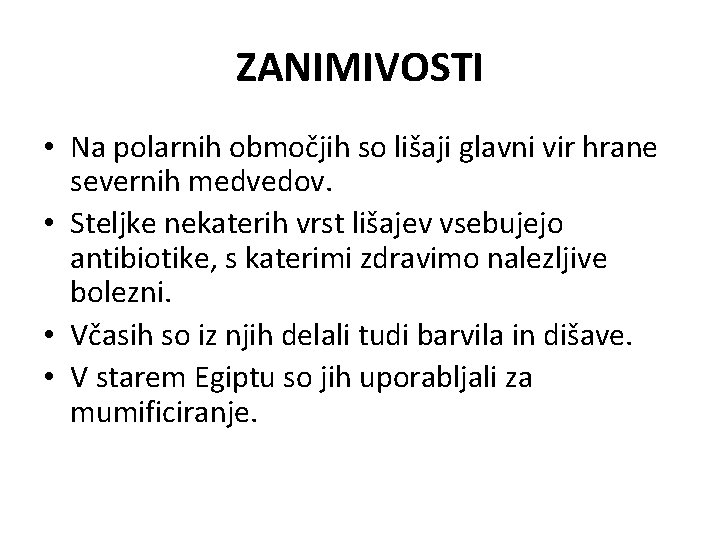 ZANIMIVOSTI • Na polarnih območjih so lišaji glavni vir hrane severnih medvedov. • Steljke