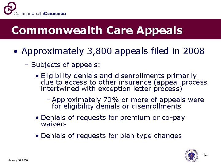 Commonwealth Care Appeals • Approximately 3, 800 appeals filed in 2008 – Subjects of