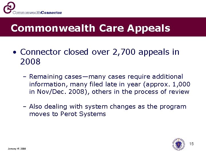 Commonwealth Care Appeals • Connector closed over 2, 700 appeals in 2008 – Remaining