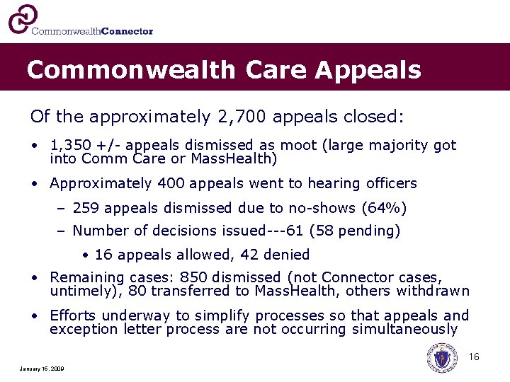 Commonwealth Care Appeals Of the approximately 2, 700 appeals closed: • 1, 350 +/-