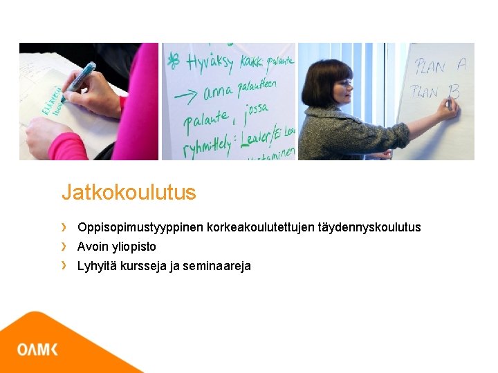 Jatkokoulutus Oppisopimustyyppinen korkeakoulutettujen täydennyskoulutus Avoin yliopisto Lyhyitä kursseja ja seminaareja 