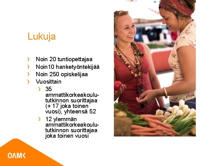 Lukuja Noin 20 tuntiopettajaa Noin 10 hanketyöntekijää Noin 250 opiskelijaa Vuosittain 35 ammattikorkeakoulututkinnon suorittajaa Lukuja Noin 20 tuntiopettajaa Noin 10 hanketyöntekijää Noin 250 opiskelijaa Vuosittain 35 ammattikorkeakoulututkinnon suorittajaa