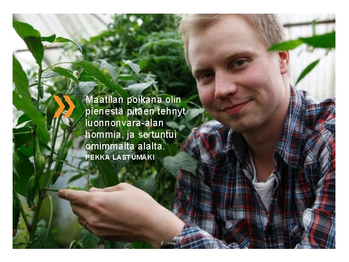 Maatilan poikana olin pienestä pitäen tehnyt luonnonvara-alan hommia, ja se tuntui omimmalta alalta. PEKKA Maatilan poikana olin pienestä pitäen tehnyt luonnonvara-alan hommia, ja se tuntui omimmalta alalta. PEKKA