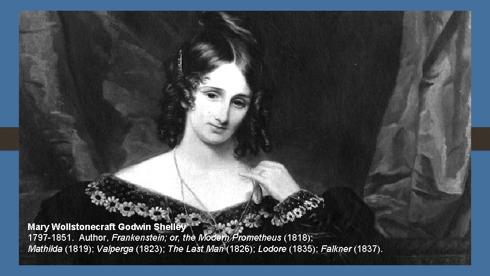 Mary Wollstonecraft Godwin Shelley 1797 -1851. Author, Frankenstein; or, the Modern Prometheus (1818); Mathilda