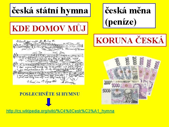česká státní hymna KDE DOMOV MŮJ česká měna (peníze) KORUNA ČESKÁ POSLECHNĚTE SI HYMNU