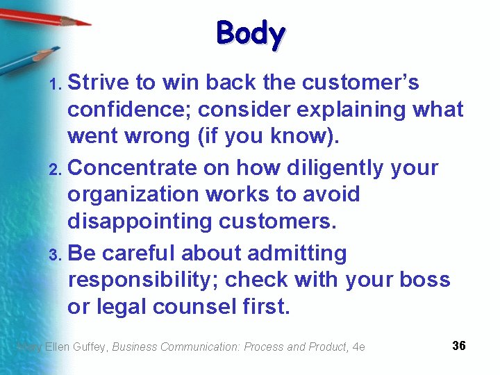 Body 1. Strive to win back the customer’s confidence; consider explaining what went wrong