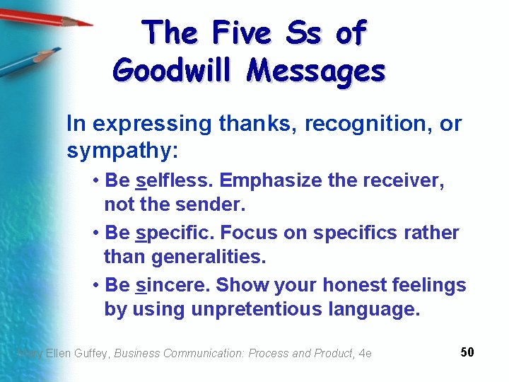 The Five Ss of Goodwill Messages In expressing thanks, recognition, or sympathy: • Be