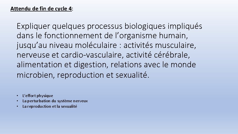 Attendu de fin de cycle 4: Expliquer quelques processus biologiques impliqués dans le fonctionnement