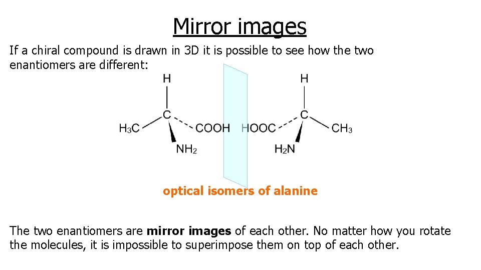 Mirror images If a chiral compound is drawn in 3 D it is possible