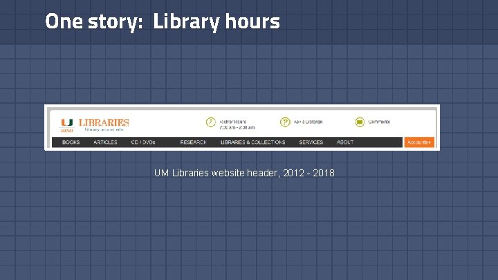 One story: Library hours UM Libraries website header, 2012 - 2018 