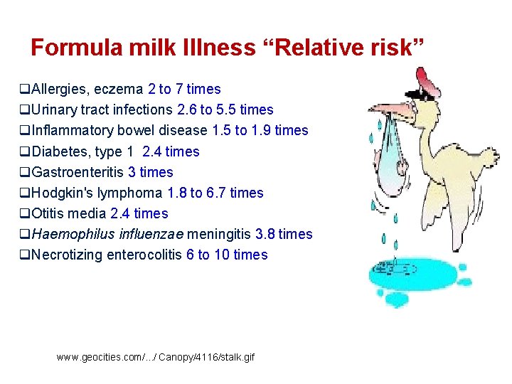 Formula milk Illness “Relative risk” q. Allergies, eczema 2 to 7 times q. Urinary