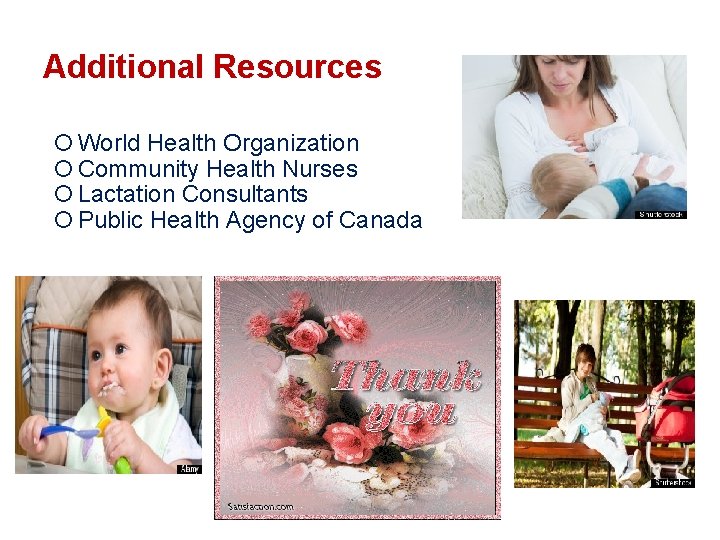 Additional Resources World Health Organization Community Health Nurses Lactation Consultants Public Health Agency of