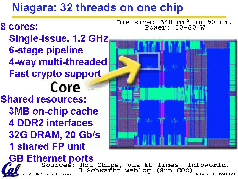 Niagara: 32 threads on one chip 8 cores: Single-issue, 1. 2 GHz 6 -stage