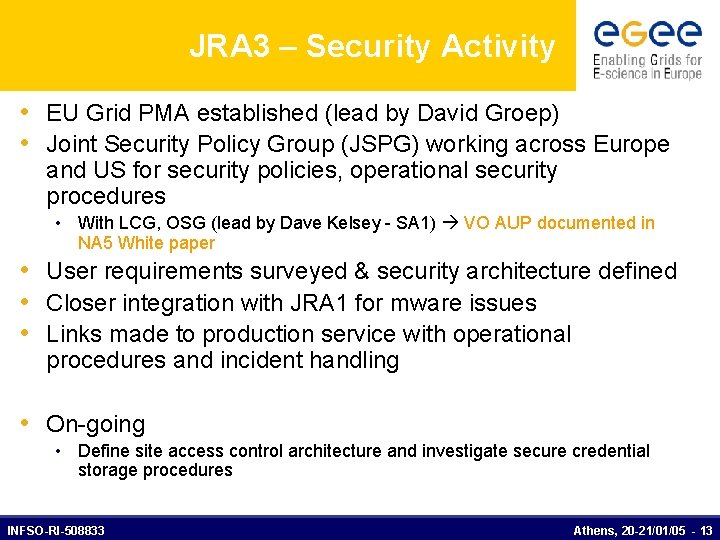 JRA 3 – Security Activity • EU Grid PMA established (lead by David Groep)