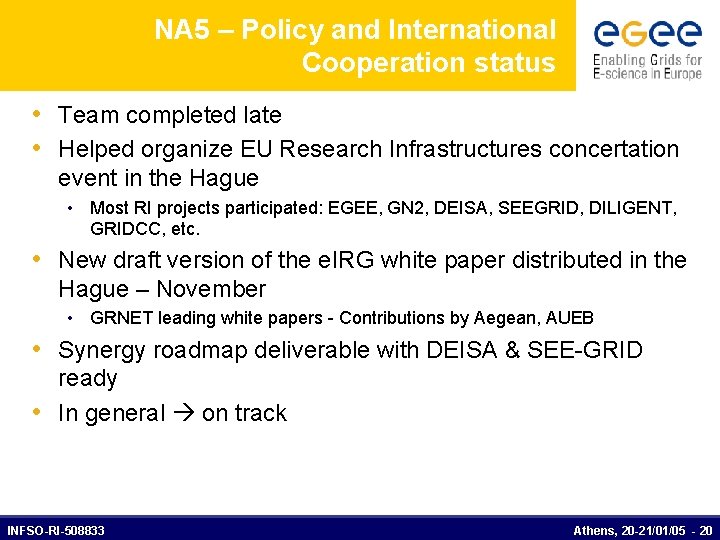 NA 5 – Policy and International Cooperation status • Team completed late • Helped