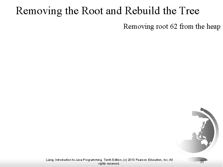 Removing the Root and Rebuild the Tree Removing root 62 from the heap Liang,