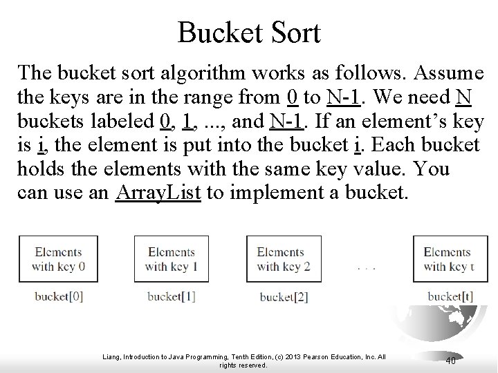 Bucket Sort The bucket sort algorithm works as follows. Assume the keys are in
