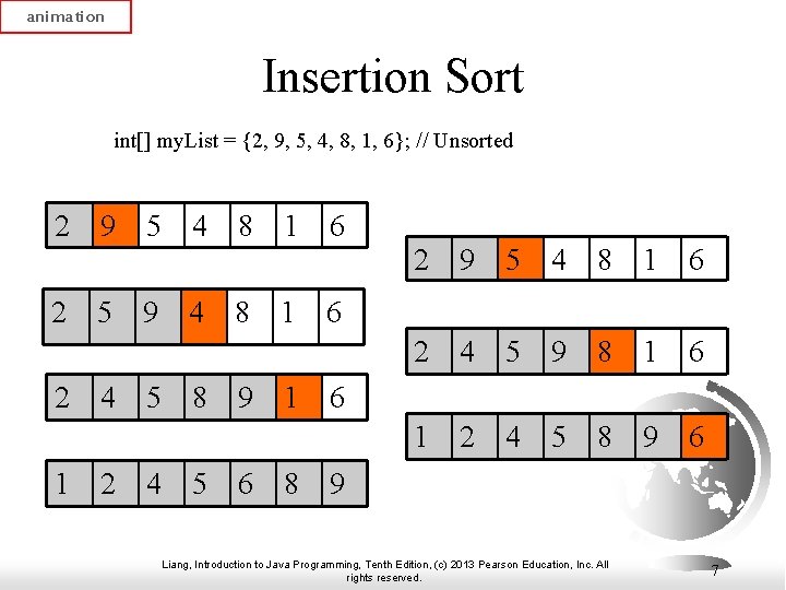 animation Insertion Sort int[] my. List = {2, 9, 5, 4, 8, 1, 6};