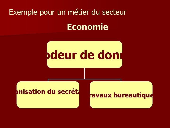 Exemple pour un métier du secteur Economie Encodeur de données Organisation du secrétariat Travaux