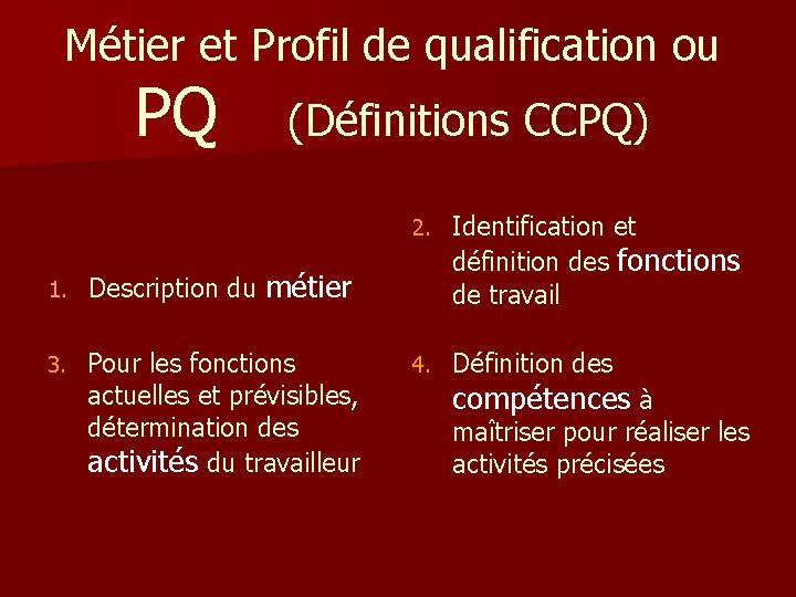 Métier et Profil de qualification ou PQ (Définitions CCPQ) 1. Description du métier 3.