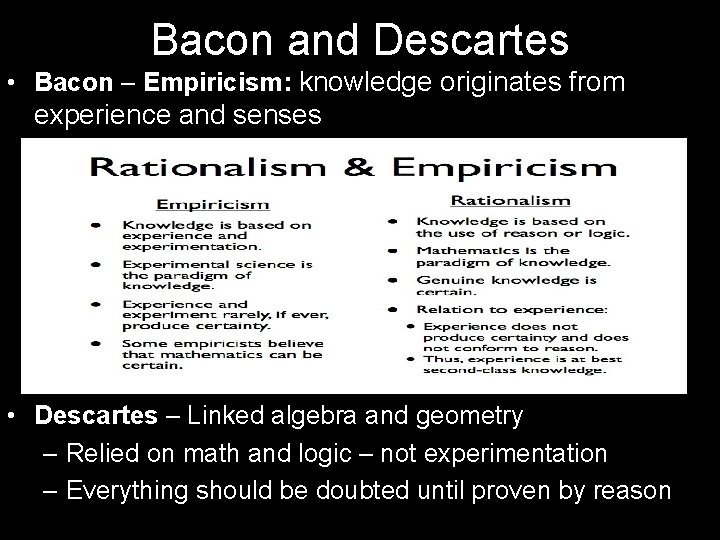 Bacon and Descartes • Bacon – Empiricism: knowledge originates from experience and senses •
