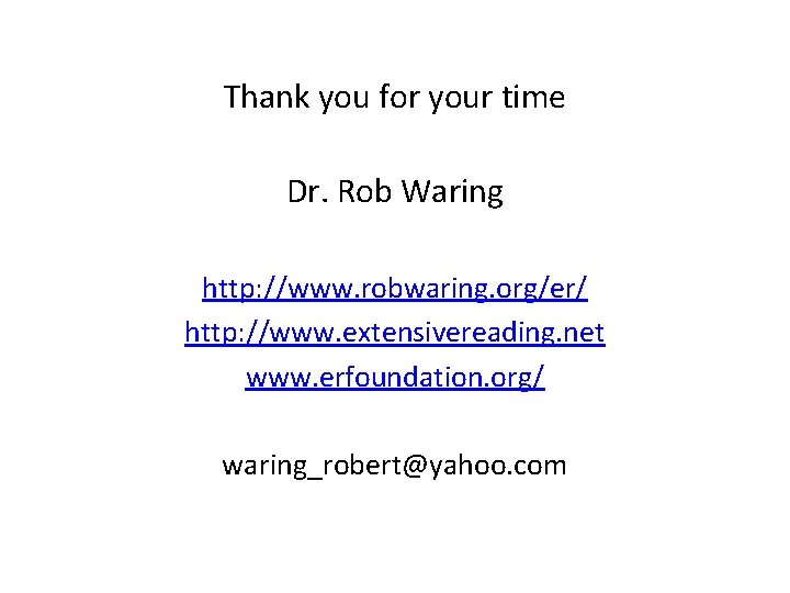 Thank you for your time Dr. Rob Waring http: //www. robwaring. org/er/ http: //www. Thank you for your time Dr. Rob Waring http: //www. robwaring. org/er/ http: //www.