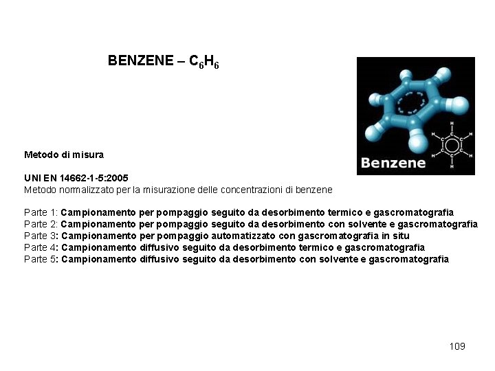 BENZENE – C 6 H 6 Metodo di misura UNI EN 14662 -1 -5: